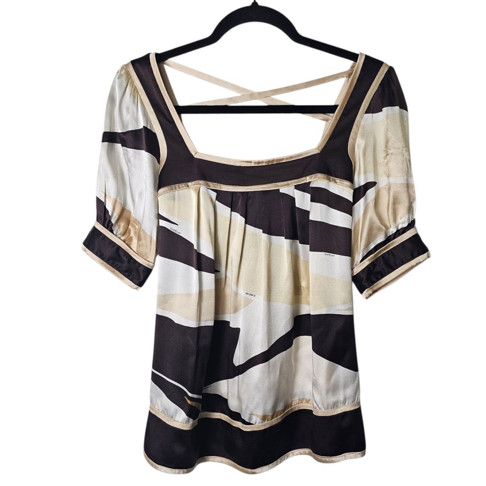 VTG BeBe XS Brown Beige Silk Top Square Neck Short Puff Sleeve Y2K Fairygrunge‎